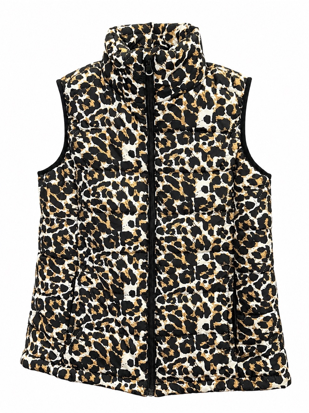 Pink Lily Leopard Print Quilted Puffer Vest Full Zip Size Medium Boutique